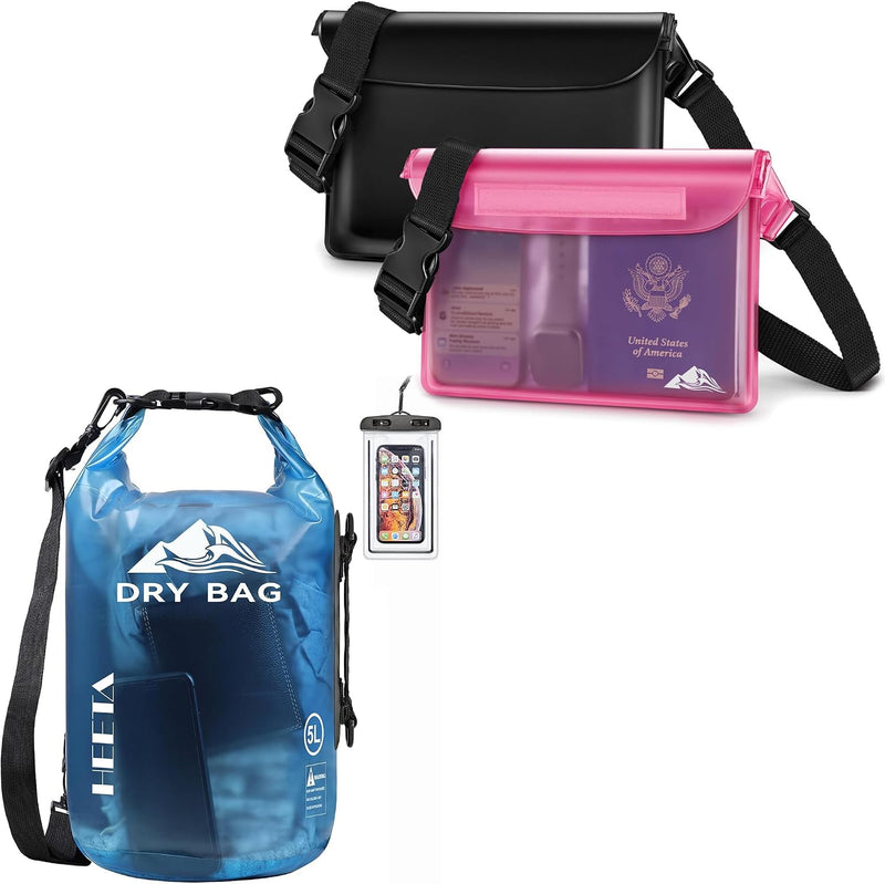 Blue waterproof dry bag with black and pink waist pouches for beach trips.