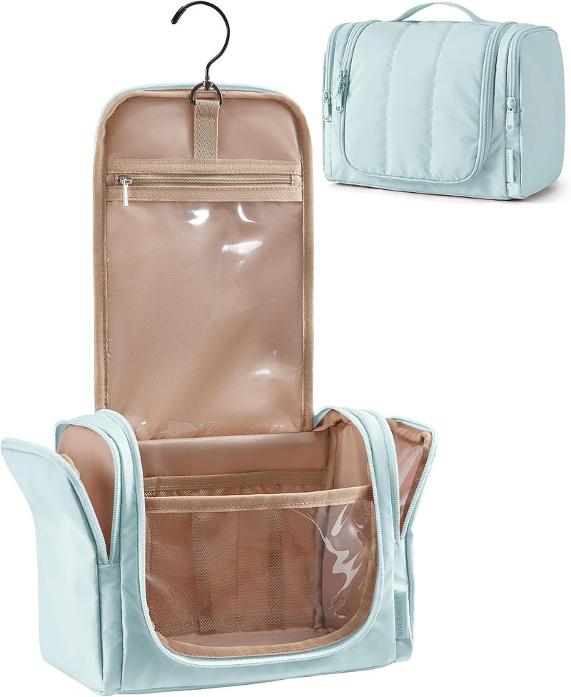 Light blue hanging toiletry bag with zippered compartments for travel toiletries.
