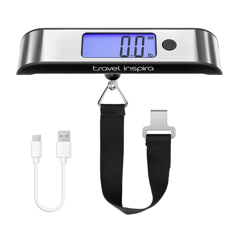 Handheld digital luggage scale with an attachment strap for weighing a suitcase.