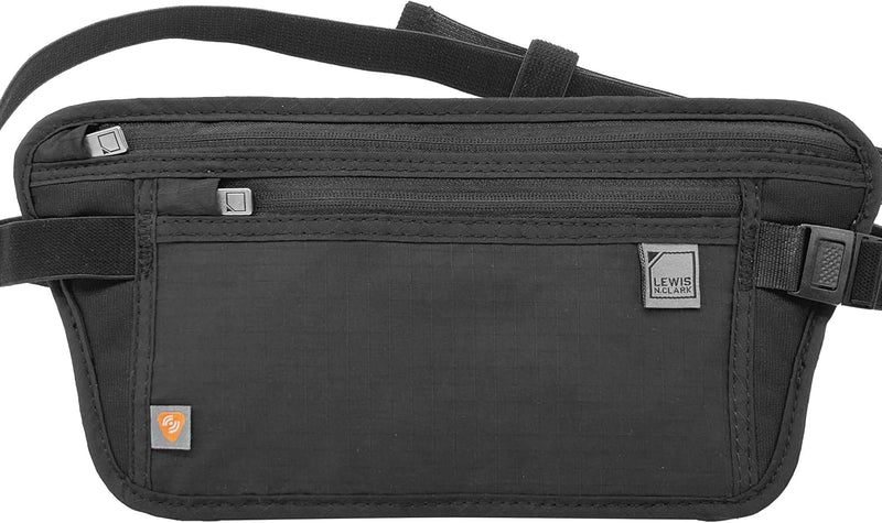 Slim travel money belt with zippered storage and an adjustable waist strap.
