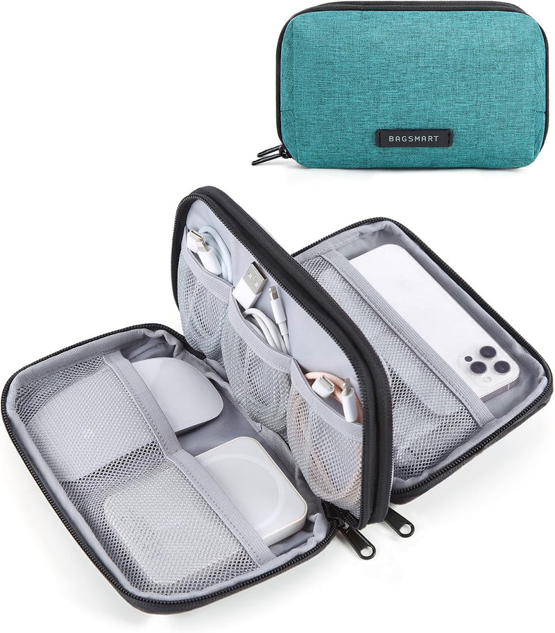 Bluish green zippered travel organizer for cables, chargers and electronic accessories.