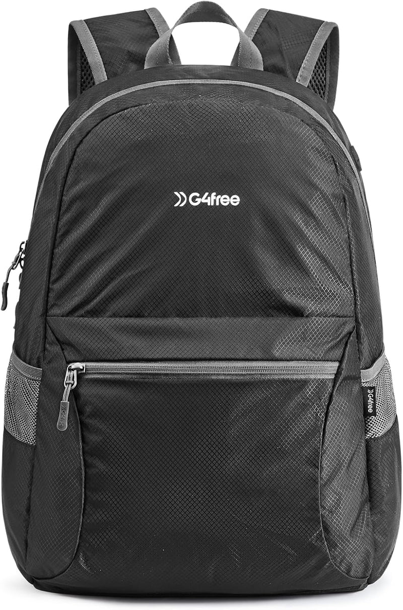 Packable travel backpack with shoulder straps and zippered storage compartments.