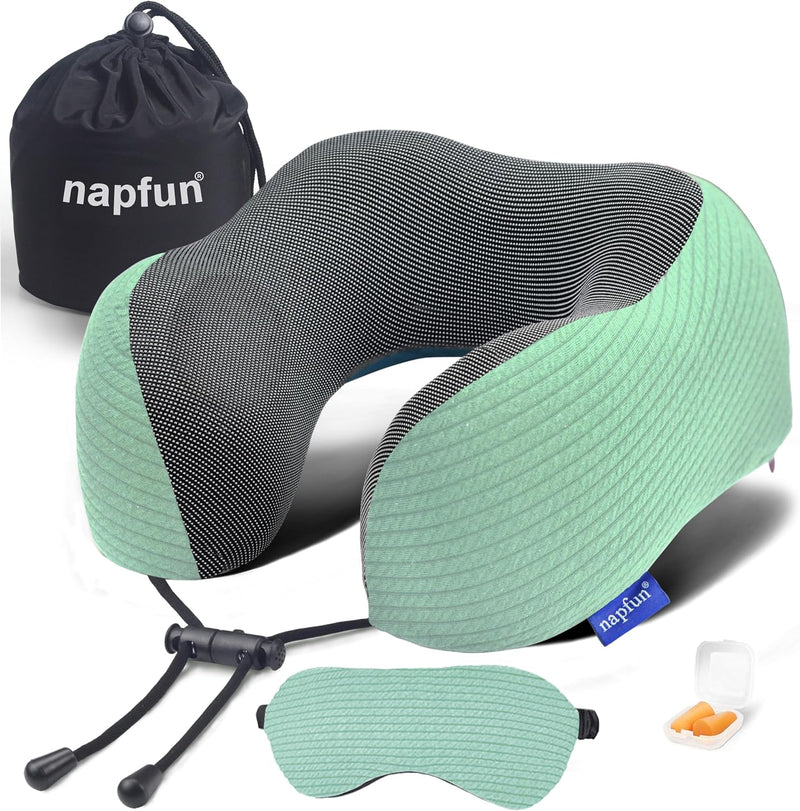 Turquoise striped travel neck pillow with a sleep mask, earplugs and carry pouch.
