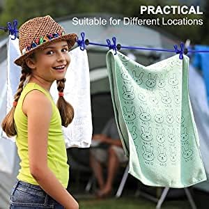 1 Pack Portable Clothesline with 12 Clothespins, Travel Clothesline Stretchy Retractable Elastic Laundry Clothes Line for Backyard, Vacation Hotel, Balcony Clothes Drying Line (Blue)