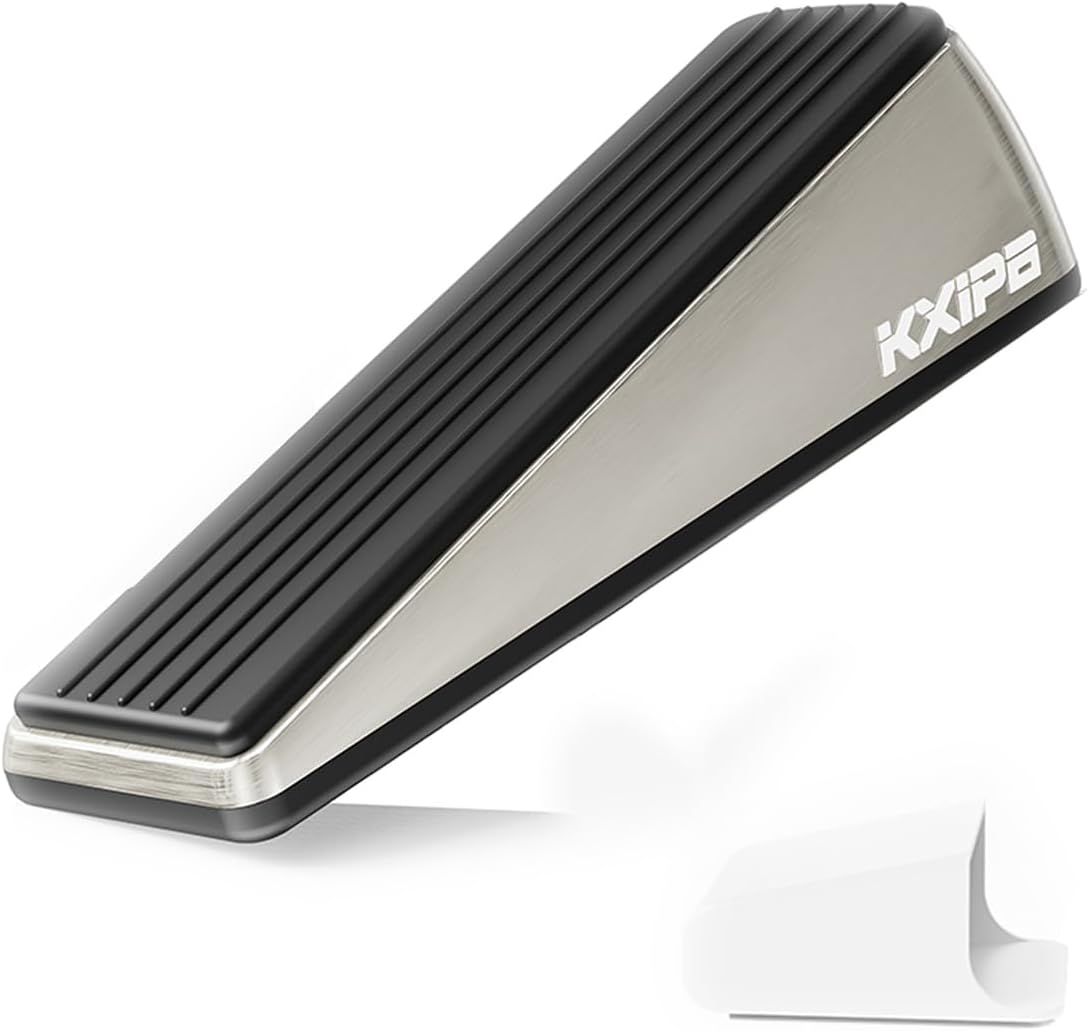 1 Pack Rubber Door Stopper Wedge - Heavy Duty Door Stoppers Stop Wedge Made of Premium Quality Brushed Stainless Steel, Wall Protector for Home & School with Self Adhesive Holder Satin Nickel