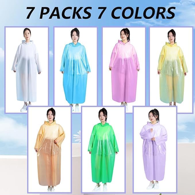 Disposable Rain Poncho Emergency Ponchos Rain Coat for Adults Women Men Compact Size 7 Packs 7 Color with Hood
