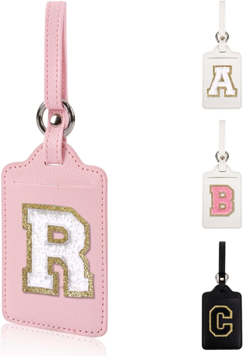 Personalized Initial Luggage Tags for Suitcases, Leather Chenille Letter Cute Luggage Tags with Privacy Name Card, Embroidered Travel Bag Backpack Tag Gifts for Women Kids Girls Teens(Pink-R)