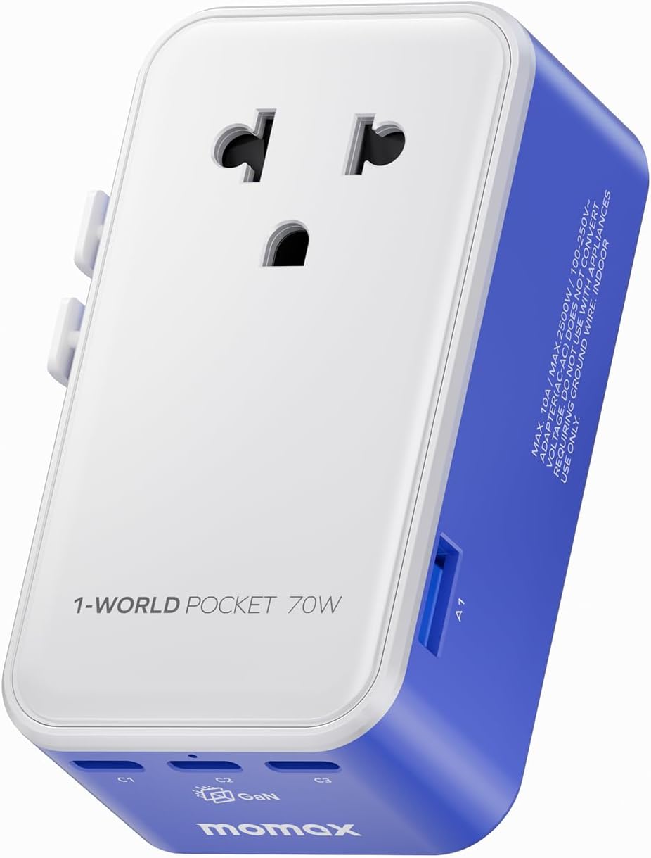 (2026 NEW) MOMAX Universal Travel Adapter, Ultra-Thin 70W GaN International Plug Adapter with 3 USB-C, 1 USB-A and AC Outlet, Works in 200+ Countries, Not a Voltage Converter, for International Travel