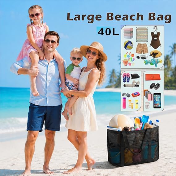 SUPACOOL Large Mesh Beach Bag for Men and Women, Beach Tote Bag for Family,Pool bag, with a Waterproof Zipper Pocket