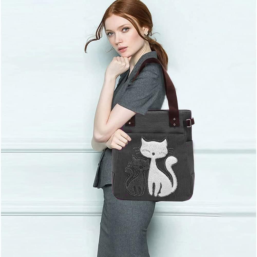 Valentoria Canvas Tote Handbag for Women Cute Cat Embroidery Shoulder Purse Large Zipper Travel Work Shopping Grocery Bags