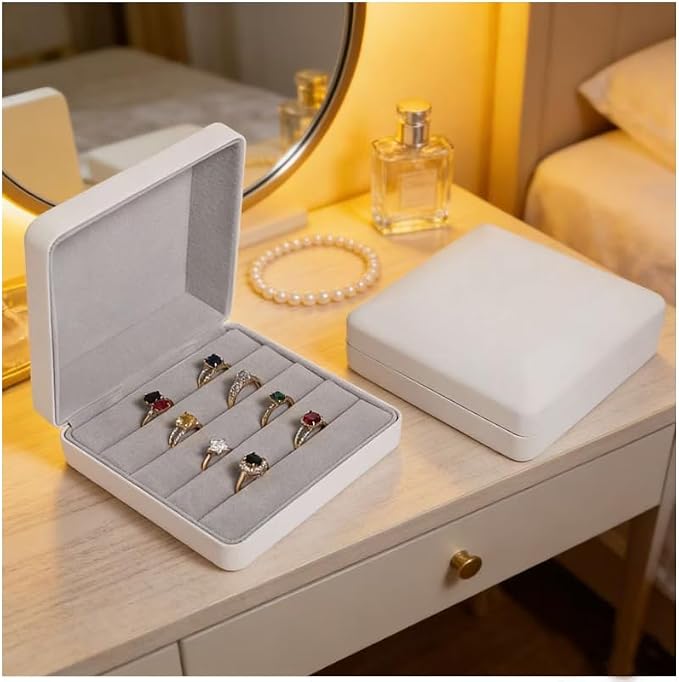 Small Ring Organizer Box, Portable Jewelry Rings Display Collector Case, Jewelry Ring Tray holder Showcase. Modern Rings Storage Boxes Fit for Women, Girl for Travel (White)