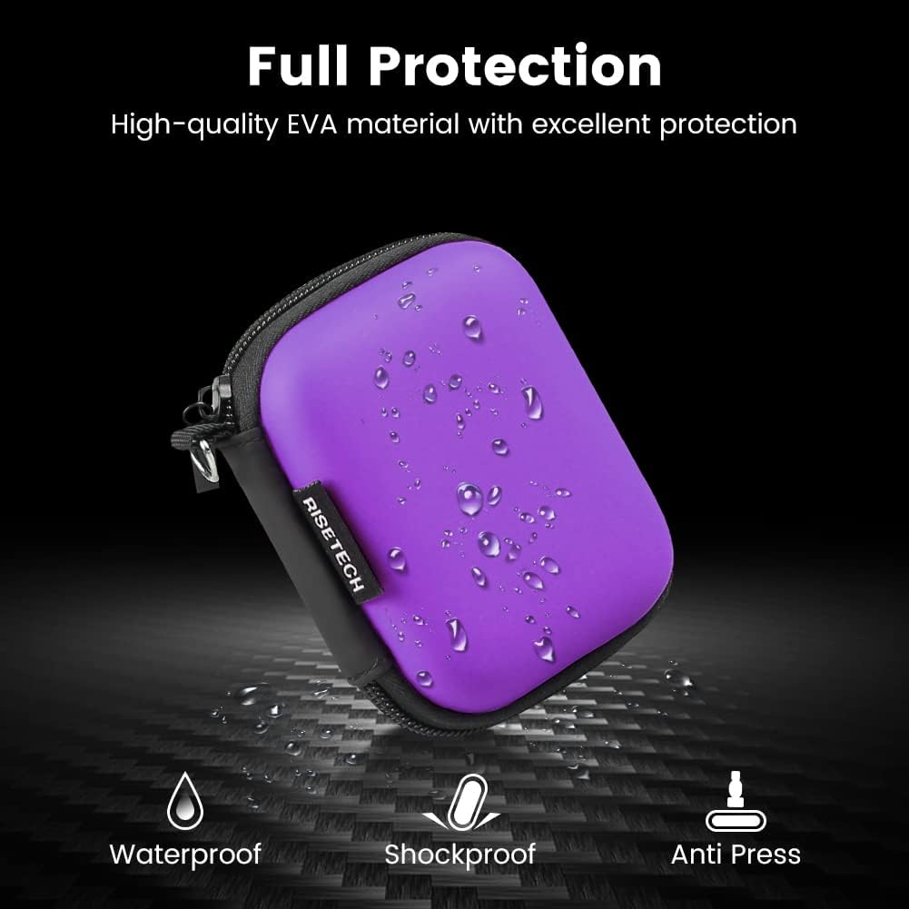 Earbud Case, RISETECH Earphone Case Holder Hard EVA Headphone Small Zipper Pouch Compatible with Wireless in-Ear Headset, SD Cards, USB Charger Cable, AirPods, Sony Wired Earbuds with Keychain -Purple
