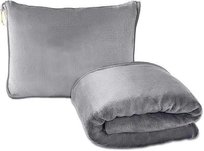 ShezPretty Premium 2in1 Soft Travel Blanket Pillow with Airline Hand Luggage Sleeve and Backpack Clip Airplane (Grey)