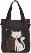Valentoria Canvas Tote Handbag for Women Cute Cat Embroidery Shoulder Purse Large Zipper Travel Work Shopping Grocery Bags