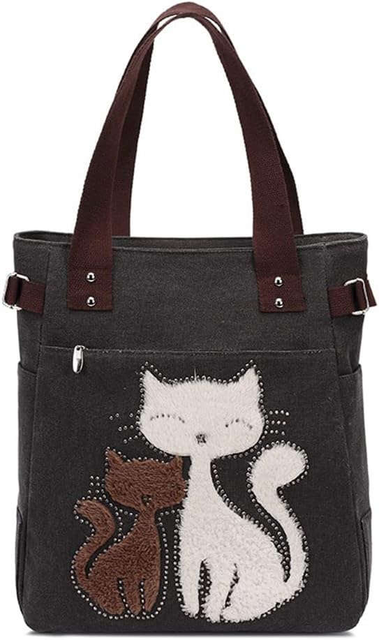 Valentoria Canvas Tote Handbag for Women Cute Cat Embroidery Shoulder Purse Large Zipper Travel Work Shopping Grocery Bags