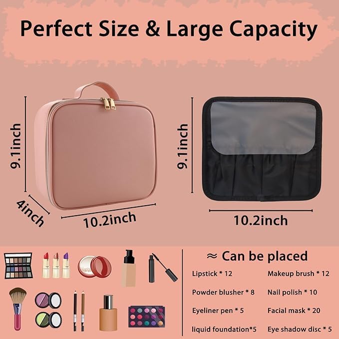 Makeup Bag with Led Mirror,with 3 Color Setting & 10x Magnifying Mirror, Portable Storage and Adjustable Dividers Travel Makeup Bag,for Women and Makeup Artists Large Vanity Makeup Cases-Pink