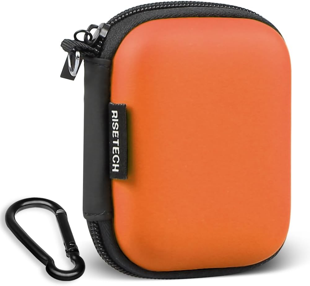 Earbud Case, RISETECH Hard EVA Earphone Travel Case Holder Headphone Small Zipper Pouch Compatible with Flash Drive, SD Cards, USB Charger Cable, AirPods, Sony Wired Earbuds with Keychain -Orange