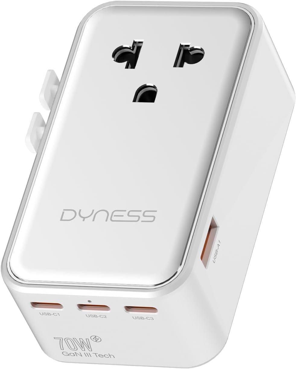 Dyness Universal Travel Adapter, 70W GaN Ultra-Slim, 4 USB Ports, AC Outlet