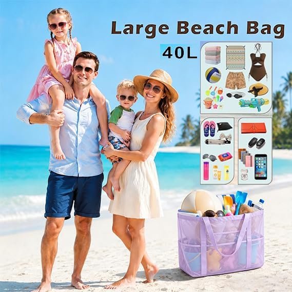 SUPACOOL Large Mesh Beach Bag for Men and Women, Beach Tote Bag for Family,Pool bag, with a Waterproof Zipper Pocket