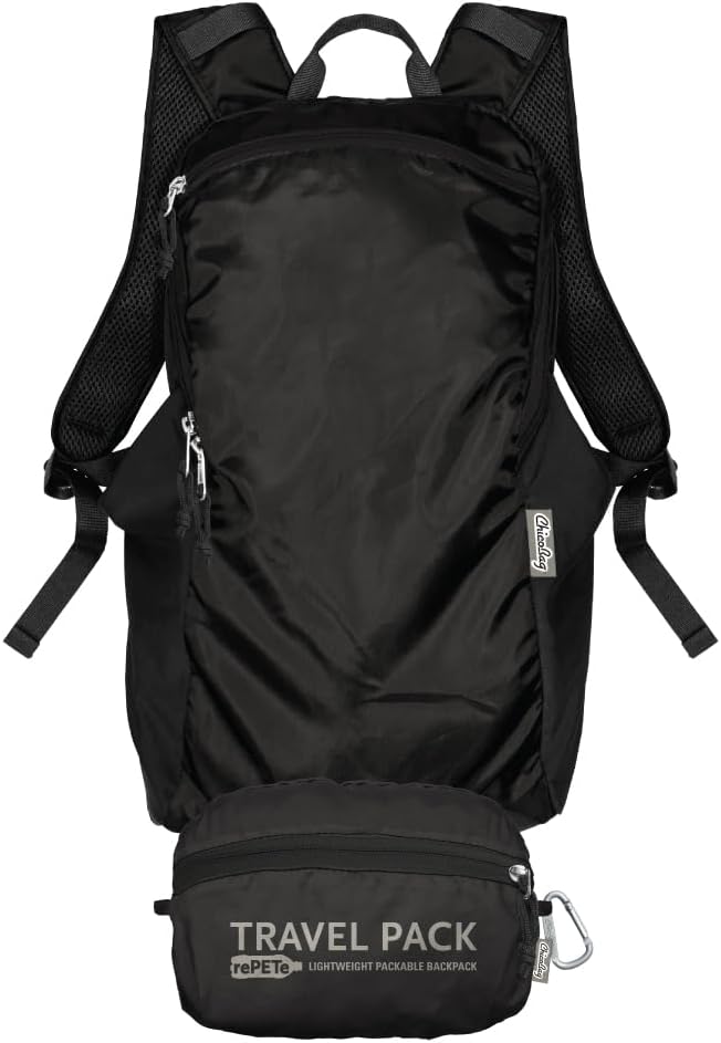 ChicoBag Travel Pack rePETe + Refine | Eco-friendly Lightweight and Packable Travel Backpack (Obsidian)