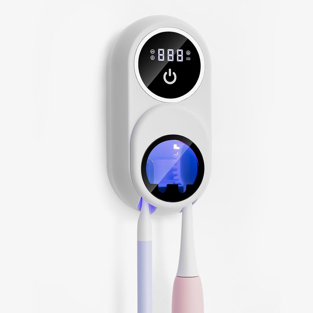 Toothbrush Holder & Toothbrush Cleaner, UV Toothbrush Sanitizer and Holder 2 Slots, Cleaning and Fan & Heat Drying, LED Smart Screen, Wall Mounted Tooth Brush Holder for Bathrooms (White)