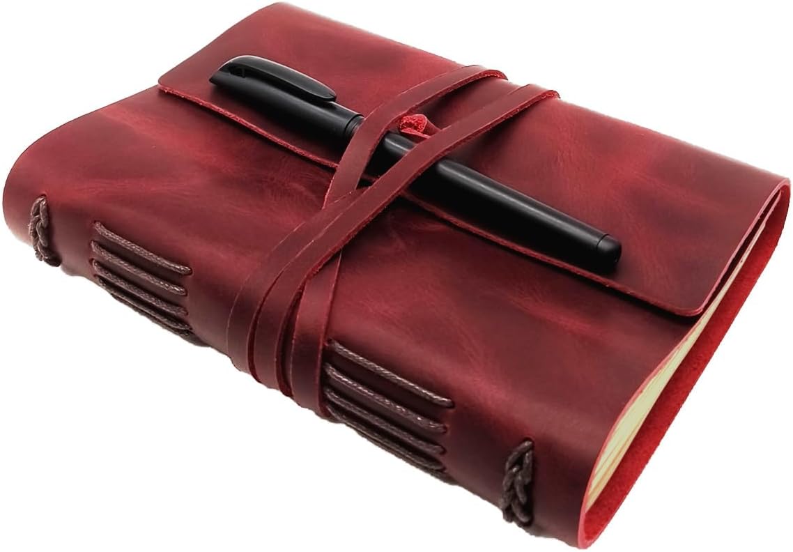 CooLeathor Red Notebook Journal - Genuine Leather Journals for Writing Small Size Diary 5.5x7.5 Inch, Notepad For Women and Man, Gifts,Work,Travel Wine Red