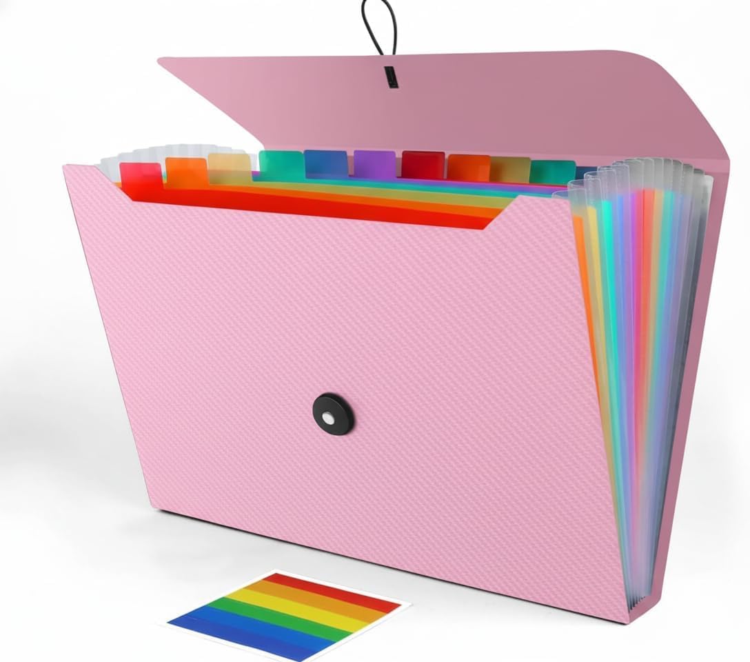 Accordion File Organizer, Accordion Folder for Sorting Documents and Papers, 13 Pockets Expanding File Storage Organizer for Hospital Bag Essentials, Home, Travel and Office Use (Pink)
