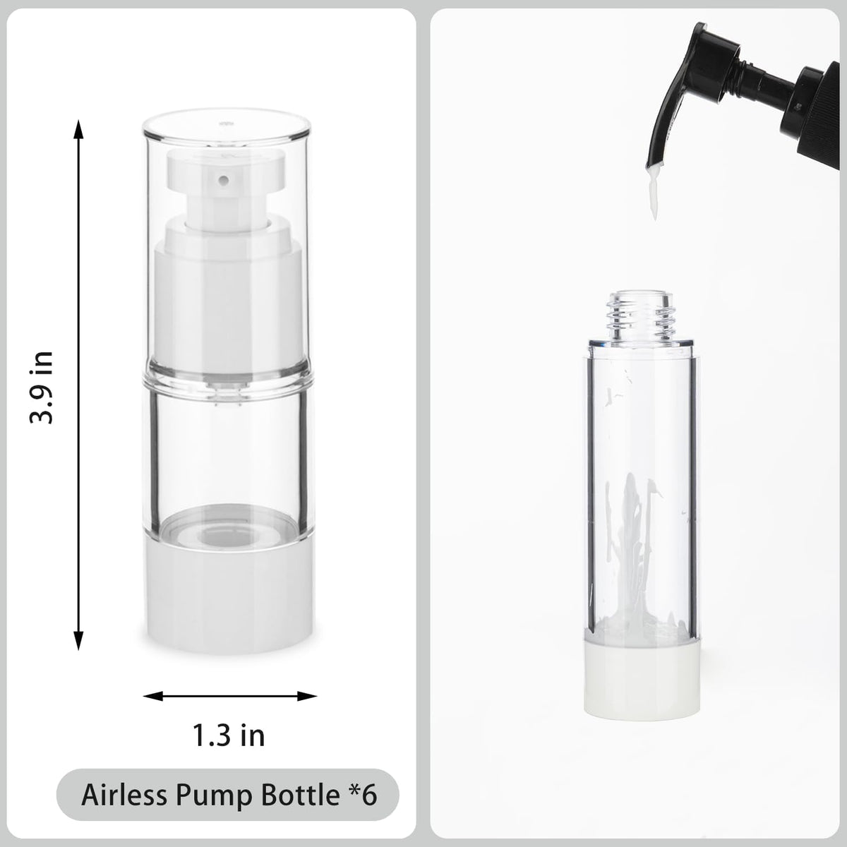 0.5OZ/15ML Clear Airless Pump Bottles, Lotion Dispenser Travel with Pump, Vacuum Plastic Travel Size Lotion Bottle for Foundation, Creams, Cosmetic(6 Pack)