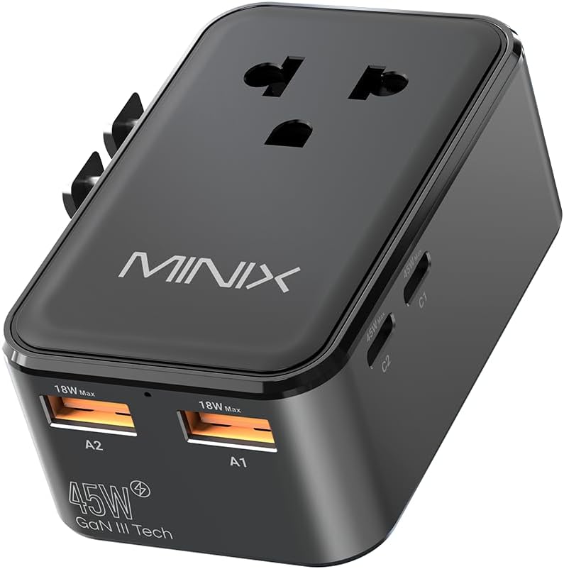 MINIX 45W Universal Travel Adapter, 5-Port Charger for Europe, US, UK & AU
