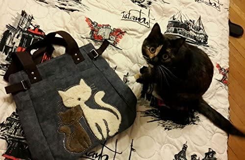 Valentoria Canvas Tote Handbag for Women Cute Cat Embroidery Shoulder Purse Large Zipper Travel Work Shopping Grocery Bags
