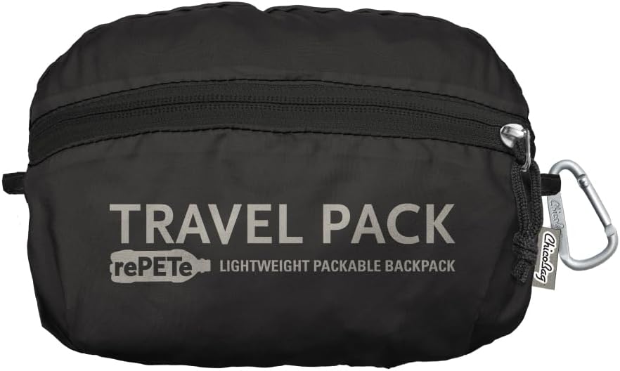 ChicoBag Travel Pack rePETe + Refine | Eco-friendly Lightweight and Packable Travel Backpack (Obsidian)