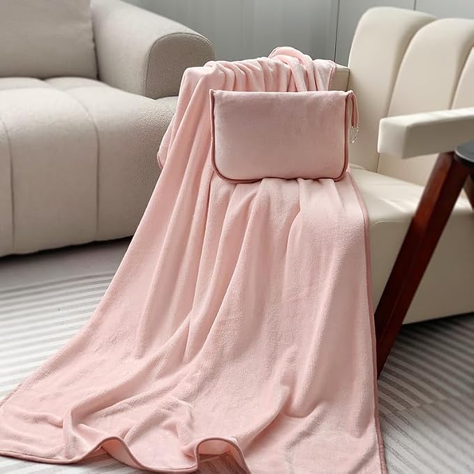 ShezPretty Premium 2in1 Soft Travel Blanket Pillow with Airline Hand Luggage Sleeve and Backpack Clip Airplane (Light Pink)