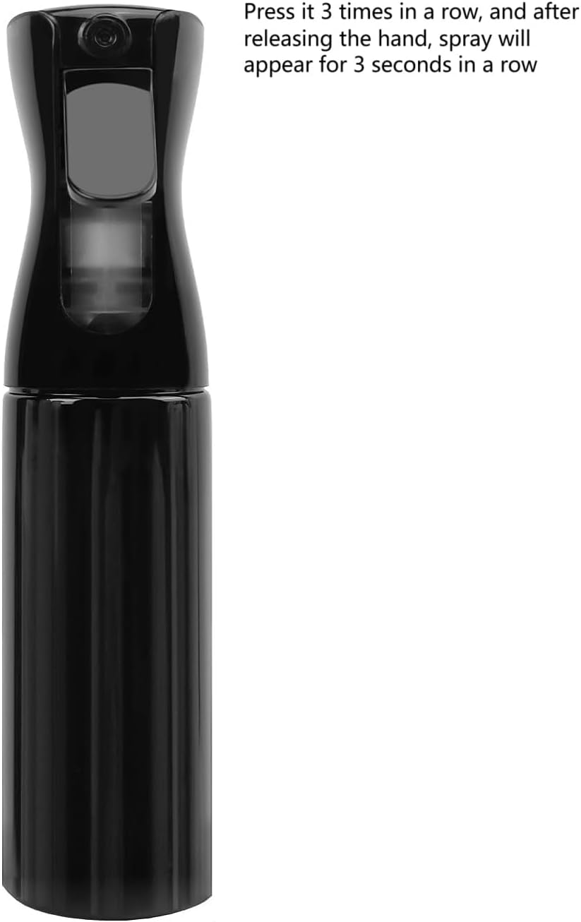 Spray Bottle for Hair (10.1oz/300ml) - 2 Seconds of Mist - Empty Ultra Fine Plastic Water Sprayer, For Hairstyling, Cleaning, Salons, Plants, Essential Oil Scents & More - Black，Press it 3 times