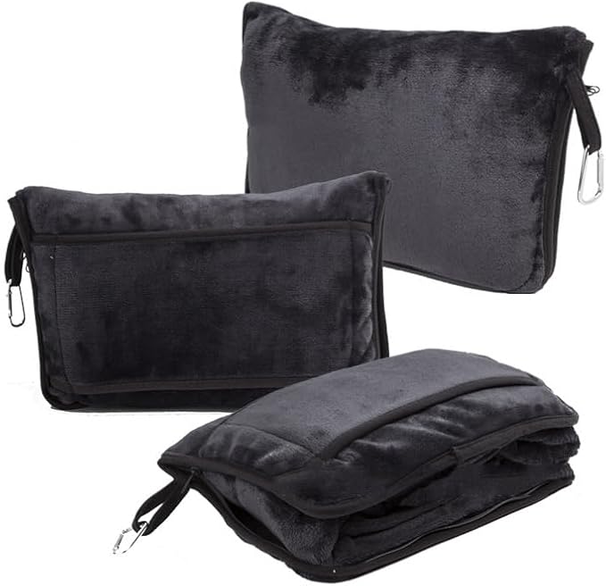 ShezPretty Premium 2in1 Soft Travel Blanket Pillow with Airline Hand Luggage Sleeve and Backpack Clip Airplane (Black)