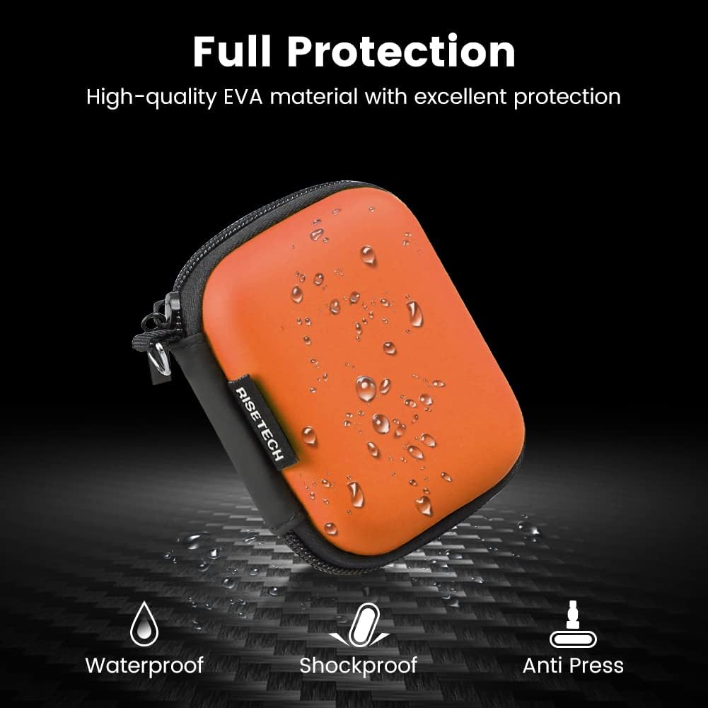 Earbud Case, RISETECH Hard EVA Earphone Travel Case Holder Headphone Small Zipper Pouch Compatible with Flash Drive, SD Cards, USB Charger Cable, AirPods, Sony Wired Earbuds with Keychain -Orange