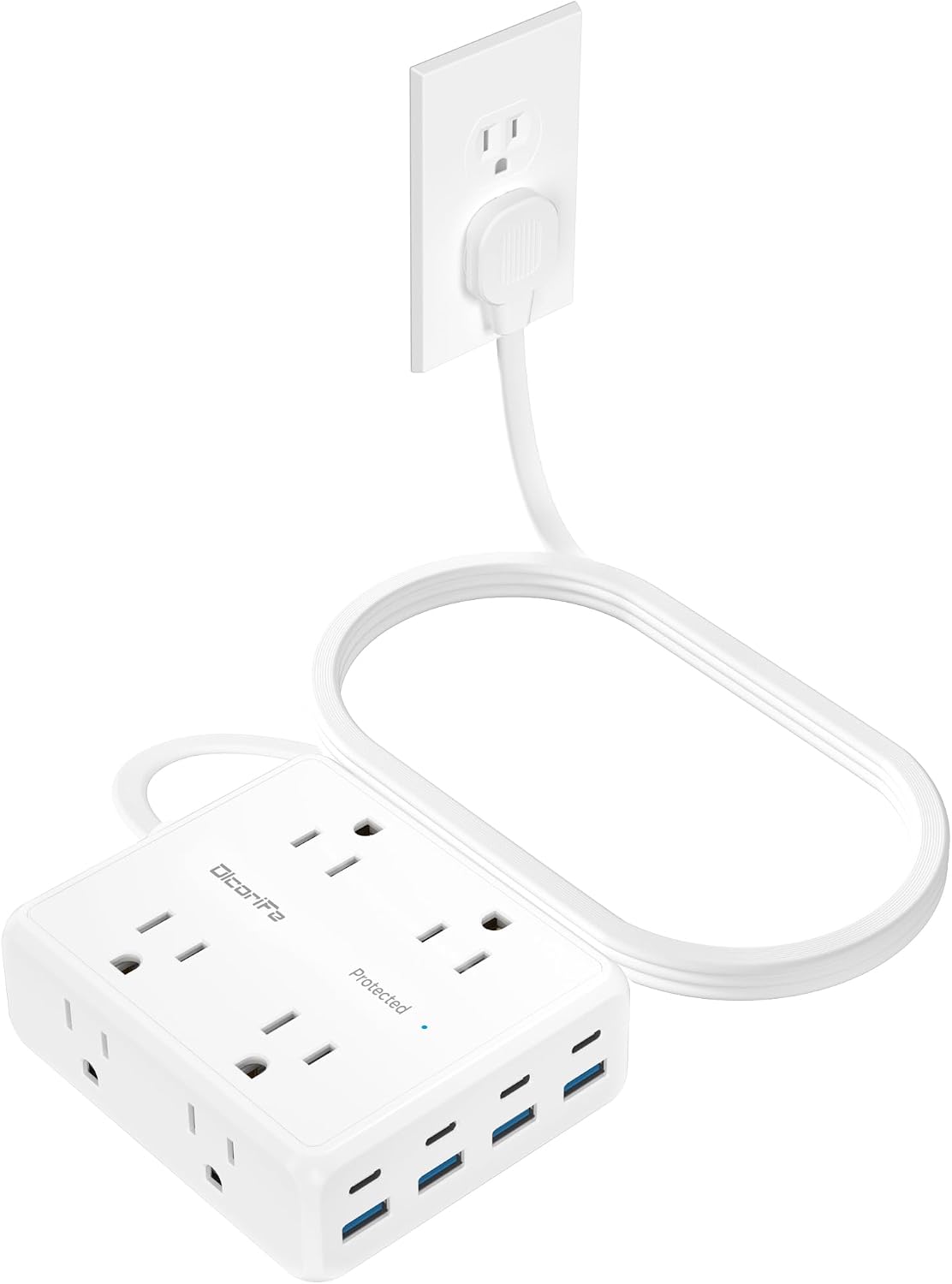 Olcorife Flat Plug Power Strip with 15 FT Extension Cord, 8 Outlets 8 USB Ports(4 USB C), 3 Sided Outlet Extender for Home Office Travel Dorm Room Essentials, White