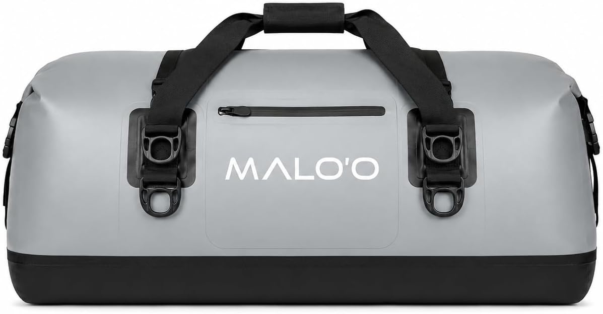 Malo’o Waterproof Dry Duffel, Heavy-Duty Roll Top Waterproof Gear Bag with Shoulder Strap & Molle Loops, Marine Duffel for Kayaking, Boating, Camping, Beach & Travel, Grey, 100L