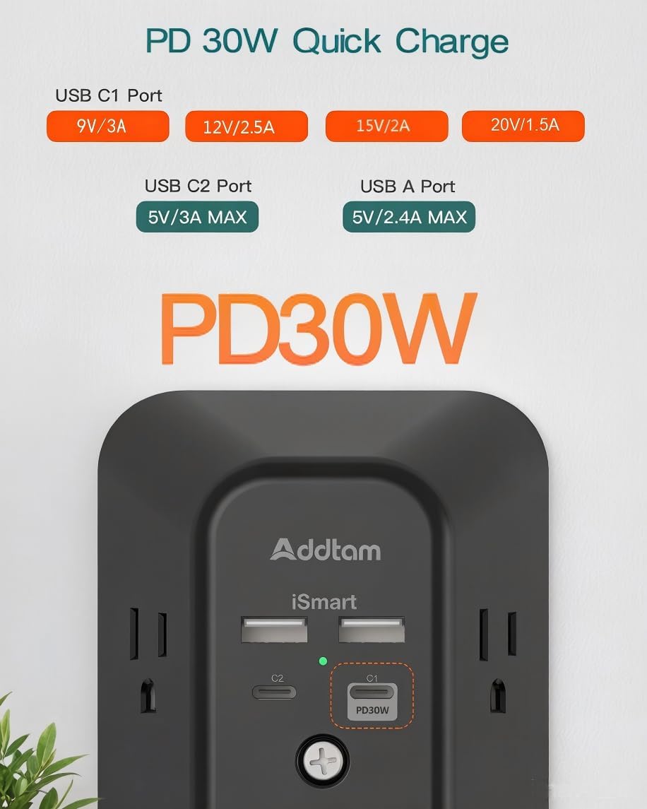 Addtam 5-Outlet Extender Surge Protector, Multi Plug Wall Outlet with 4 USB Wall Charger(PD 30W), Plug Extension Outlet 1800J, Outlet Splitter Power Strip for Home Office Dorm Room Essentials, Black