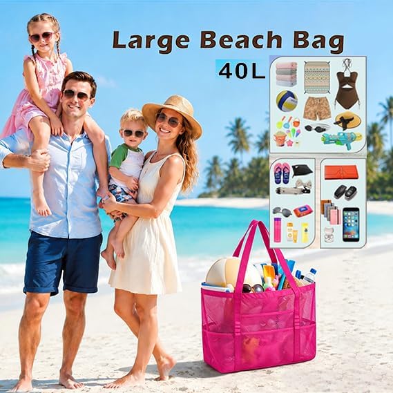 SUPACOOL Large Mesh Beach Bag for Men and Women, Beach Tote Bag for Family,Pool bag, with a Waterproof Zipper Pocket