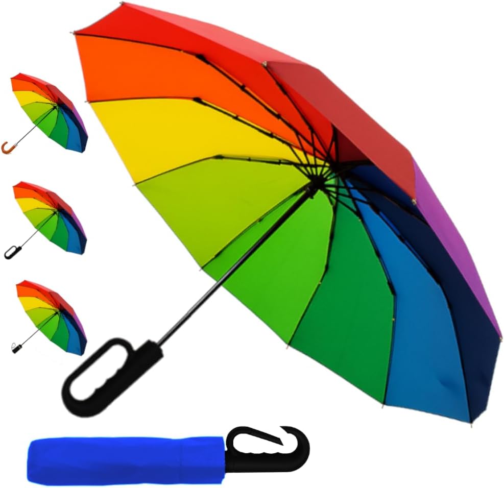 Rare 12 Rib Strong Compact Rainbow Umbrella for Rain - Auto Open and Close