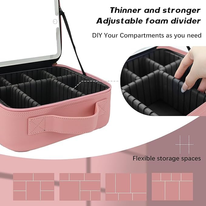 Makeup Bag with Led Mirror,with 3 Color Setting & 10x Magnifying Mirror, Portable Storage and Adjustable Dividers Travel Makeup Bag,for Women and Makeup Artists Large Vanity Makeup Cases-Pink