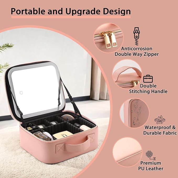 Makeup Bag with Led Mirror,with 3 Color Setting & 10x Magnifying Mirror, Portable Storage and Adjustable Dividers Travel Makeup Bag,for Women and Makeup Artists Large Vanity Makeup Cases-Pink