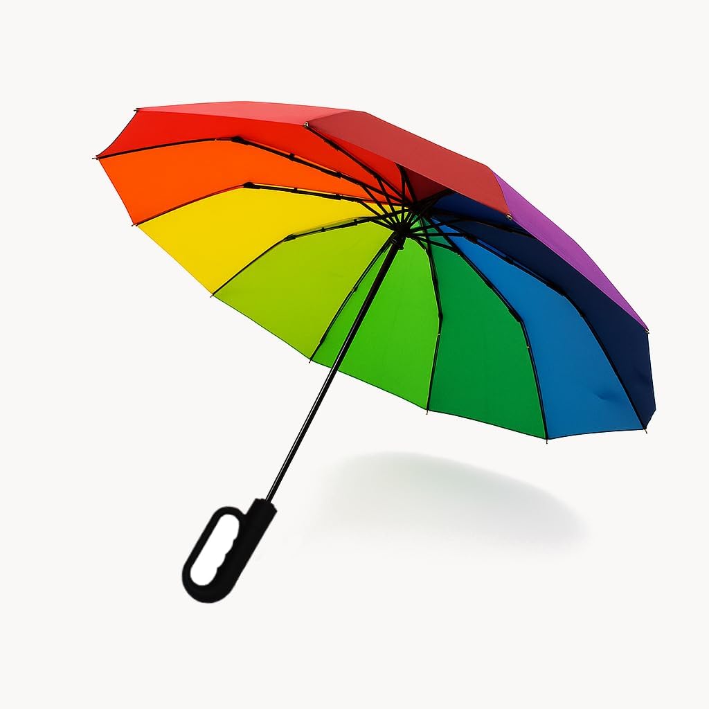 Rare 12 Rib Strong Compact Rainbow Umbrella for Rain - Auto Open and Close