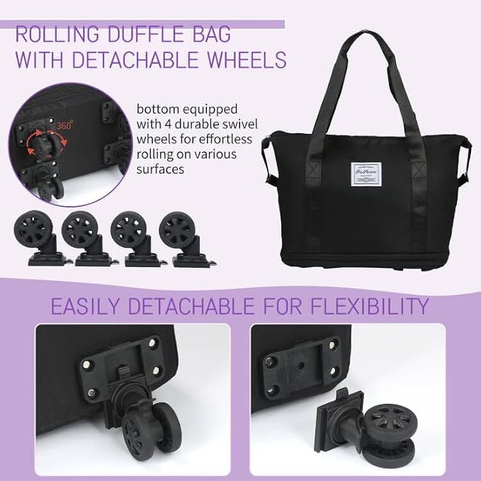 Rolling Duffle Bag with Wheels, Expandable Foldable Duffle Bag for Travel, Rolling Under Seat Luggage Carry on Duffel Bags, Wheeled Travel Duffel Weekend Bags, Capacity 18L to 30L (Black)