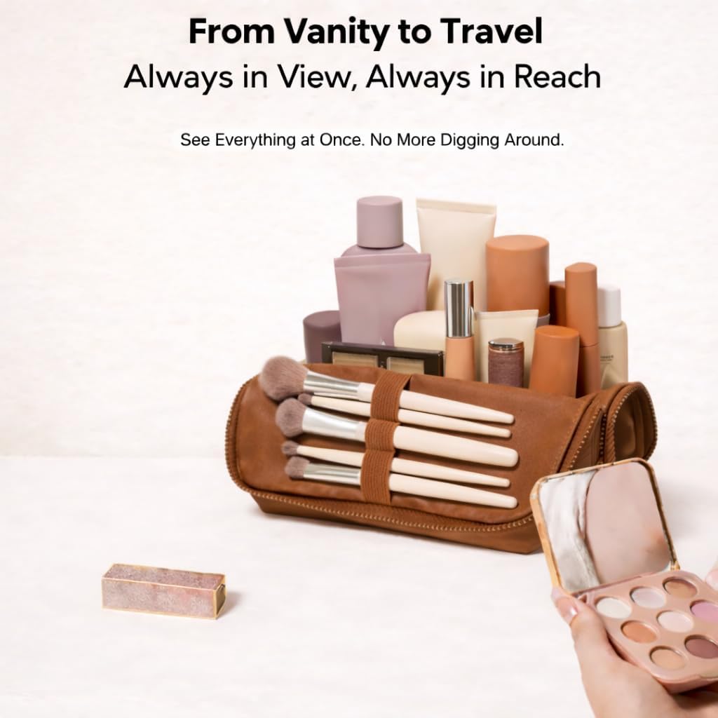 APT 1101 Standing Foldable Makeup Bag for Travel, Vertical Folding Down Design, Organized Cosmetic & Skincare Bag