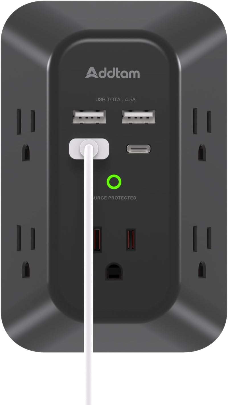 Addtam 5-Outlet Extender Surge Protector, Multi Plug Wall Outlet with 4 USB Wall Charger(2 USB C), Outlet Splitter Power Strip for Home Office Dorm Room Essentials, Plug Extension Outlet 1800J, Black