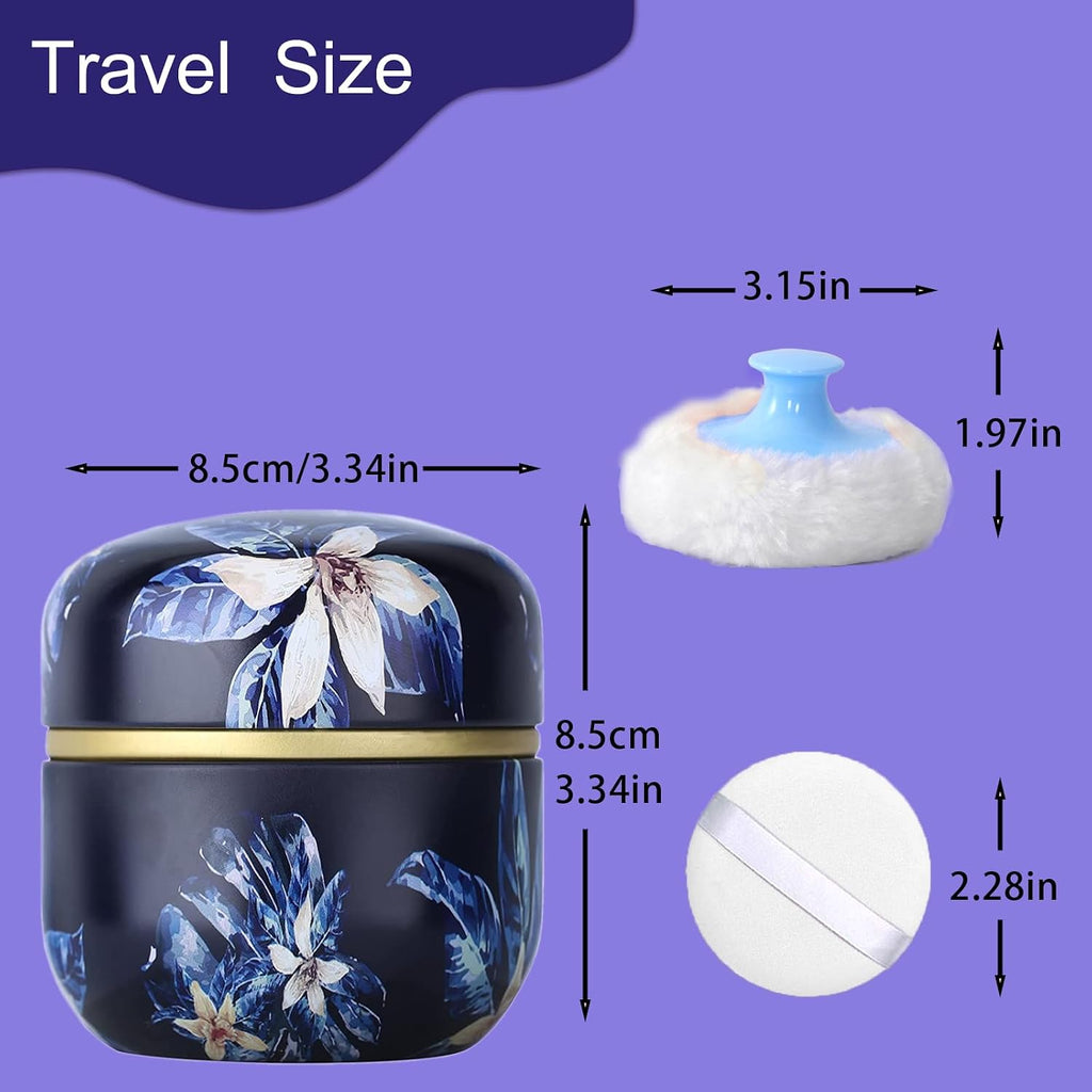 SHIMIDO Body Powder Puff and Container, 3.15" Portable Empty Body Powder Container for Baby Women's Loose Dusting Powder, Powder Case Box with Lids for Bath, Travel and Home Use (Dark night)