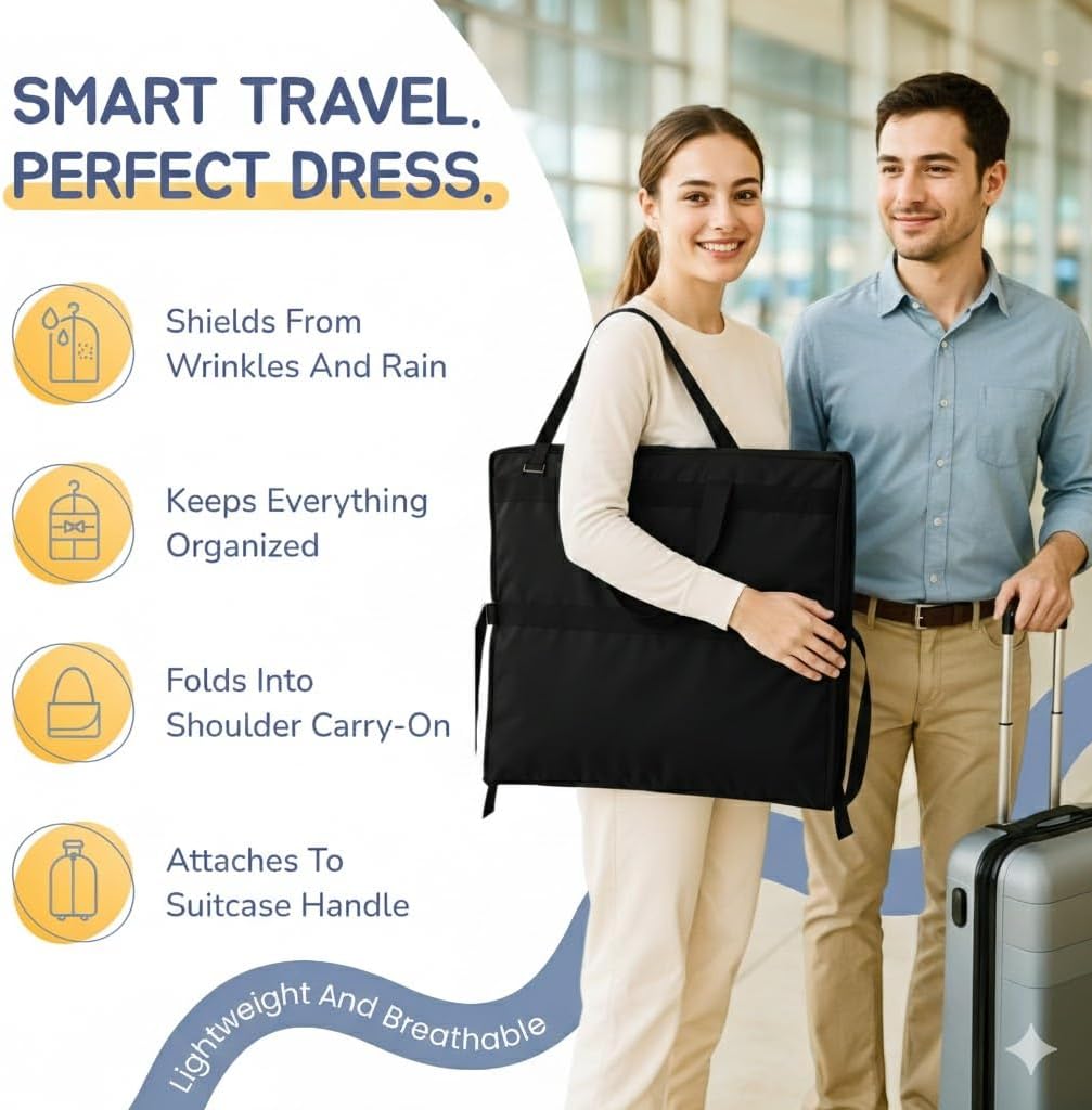 Wedding Dress Garment Bag 72" – Waterproof Trifold Travel Garment Bag for Bridal Gown with Shoulder Strap, Suitcase Sleeve & Accessory Pockets – Fits Full Skirts, Oxford Fabric, Carry Handle (Black)