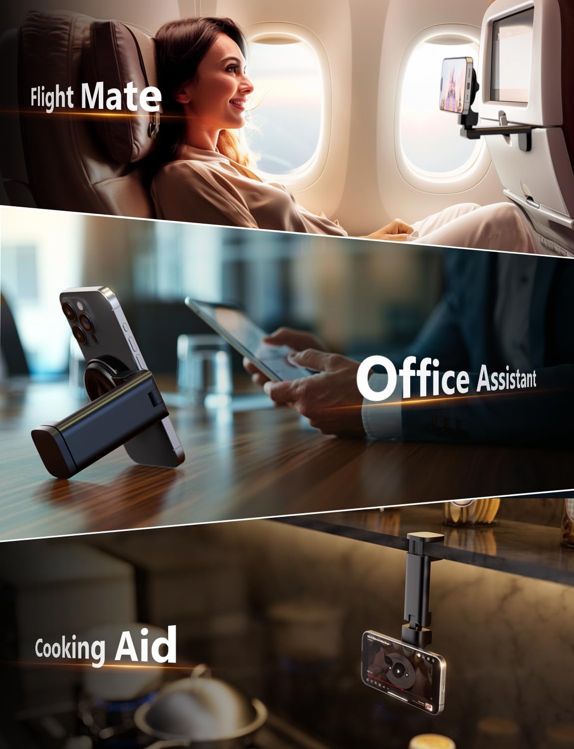 Klearlook 4 in 1 Adjustable Phone Stand - MagSafe Compatible, 360° Rotation Handsfree Flight Phone Holder, Foldable Travel/Office Accessory - Magnetic Black