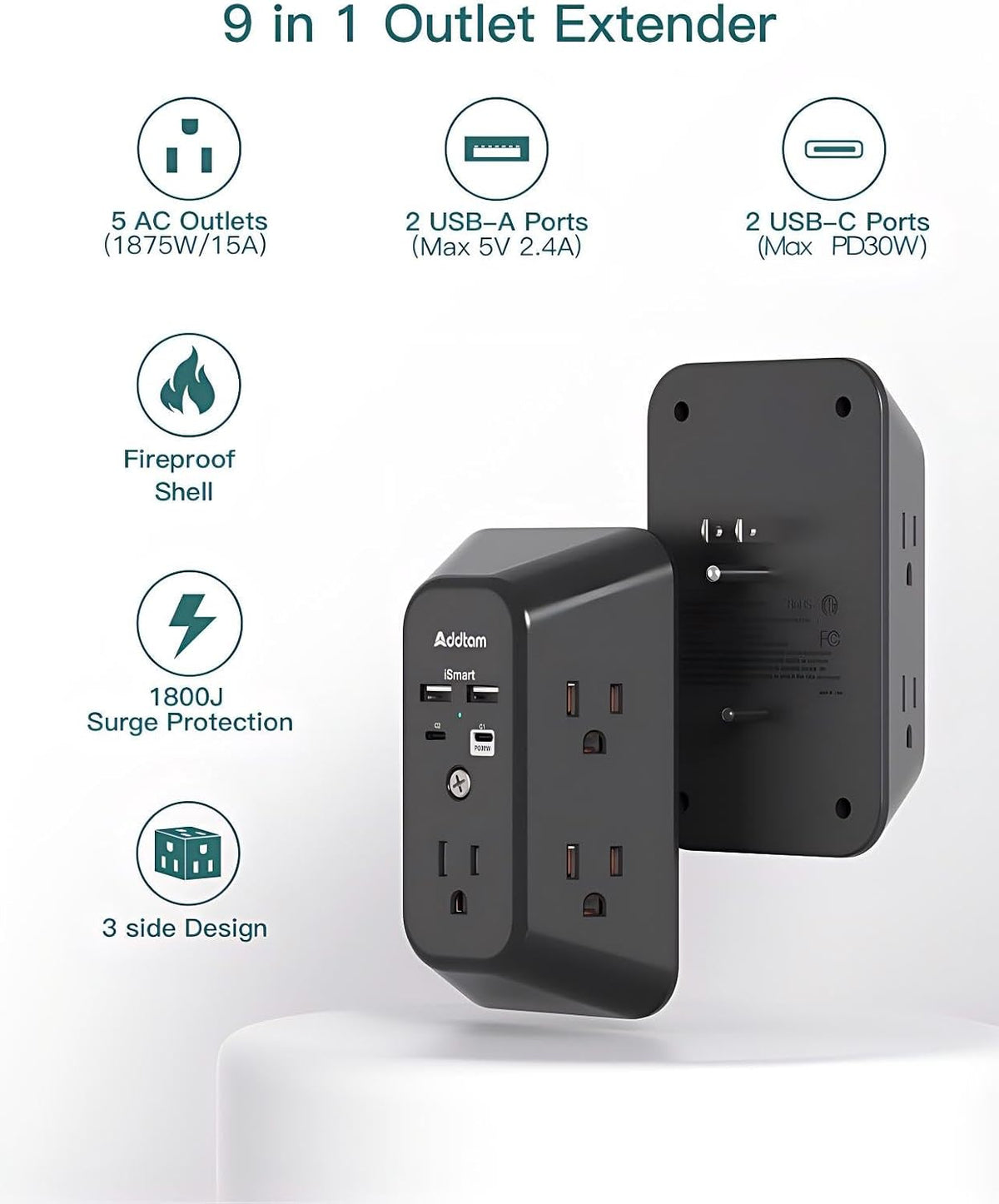 Addtam 5-Outlet Extender Surge Protector, Multi Plug Wall Outlet with 4 USB Wall Charger(PD 30W), Plug Extension Outlet 1800J, Outlet Splitter Power Strip for Home Office Dorm Room Essentials, Black